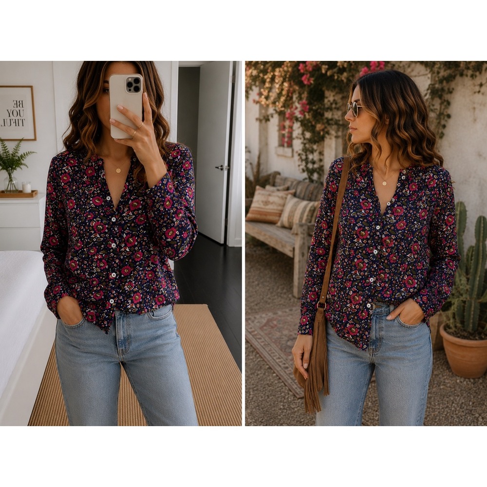 Mille Resort & Travel Floral Cotton Blouse XXS Boho Peasant Top India Vintage